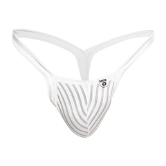 White striped MOB Y Buns thong with sleek modern design and thin straps shown from the back side