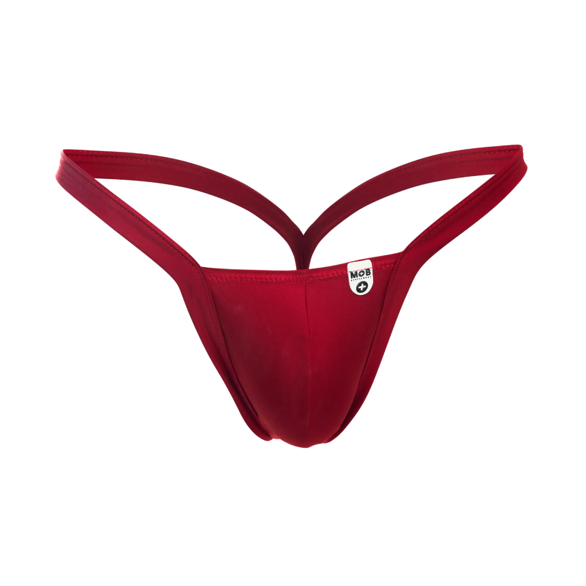 Red MOB Y Buns thong with smooth stretchy fabric and thin straps shown from the back side