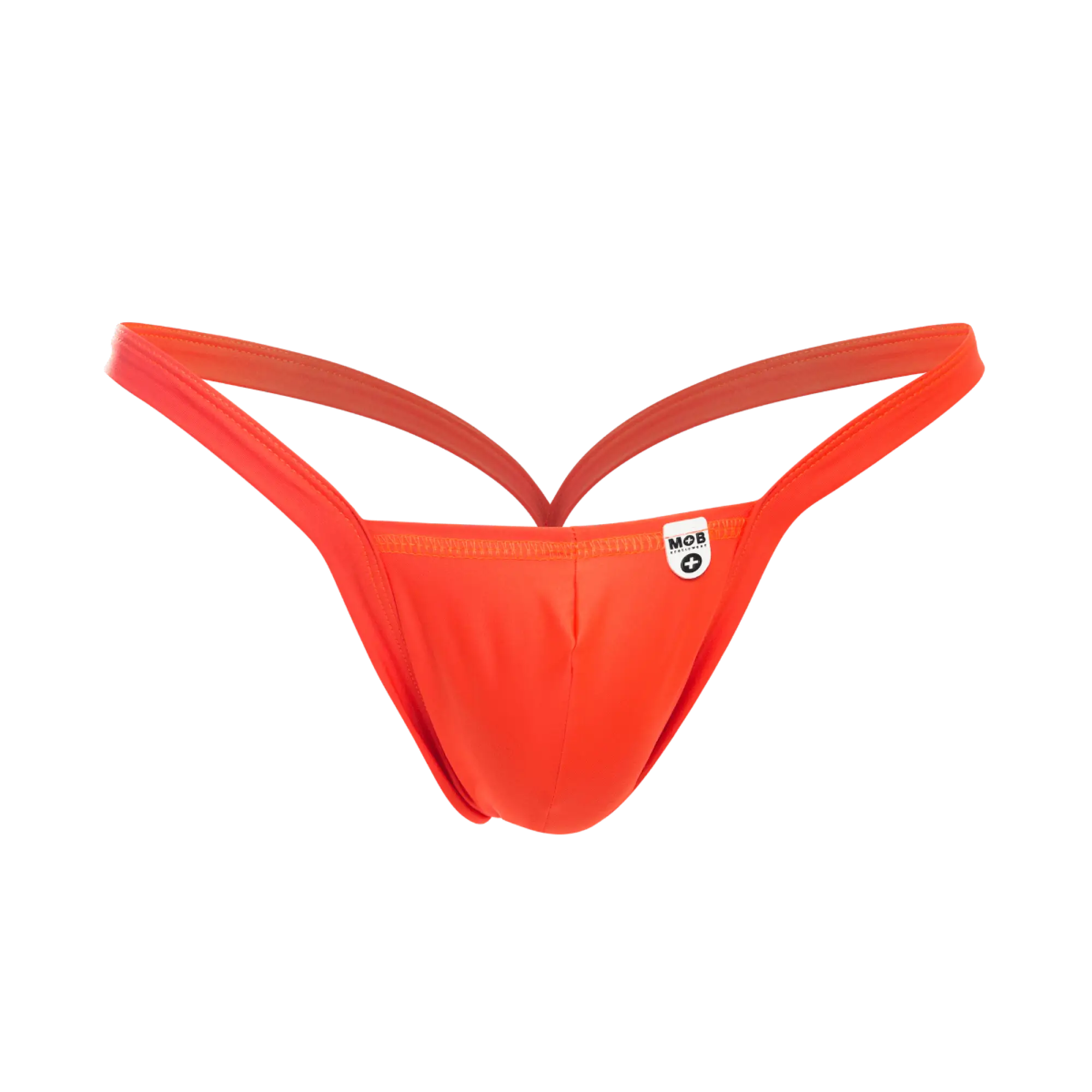 Vibrant orange mob y buns thong with sleek form fitting design and thin straps shown from the back side