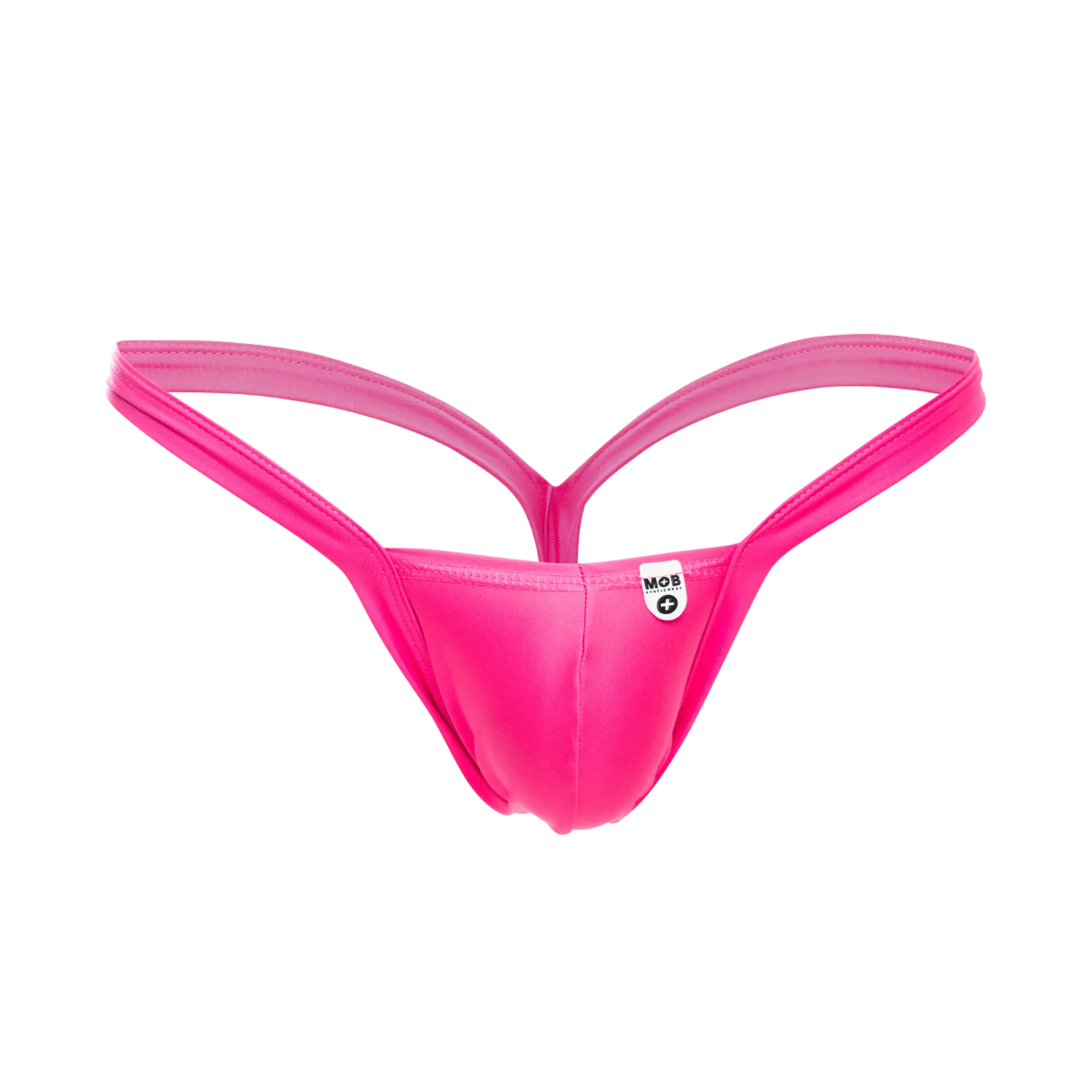 Vibrant pink mob y buns thong with sleek, form-fitting design and thin straps shown from the back side