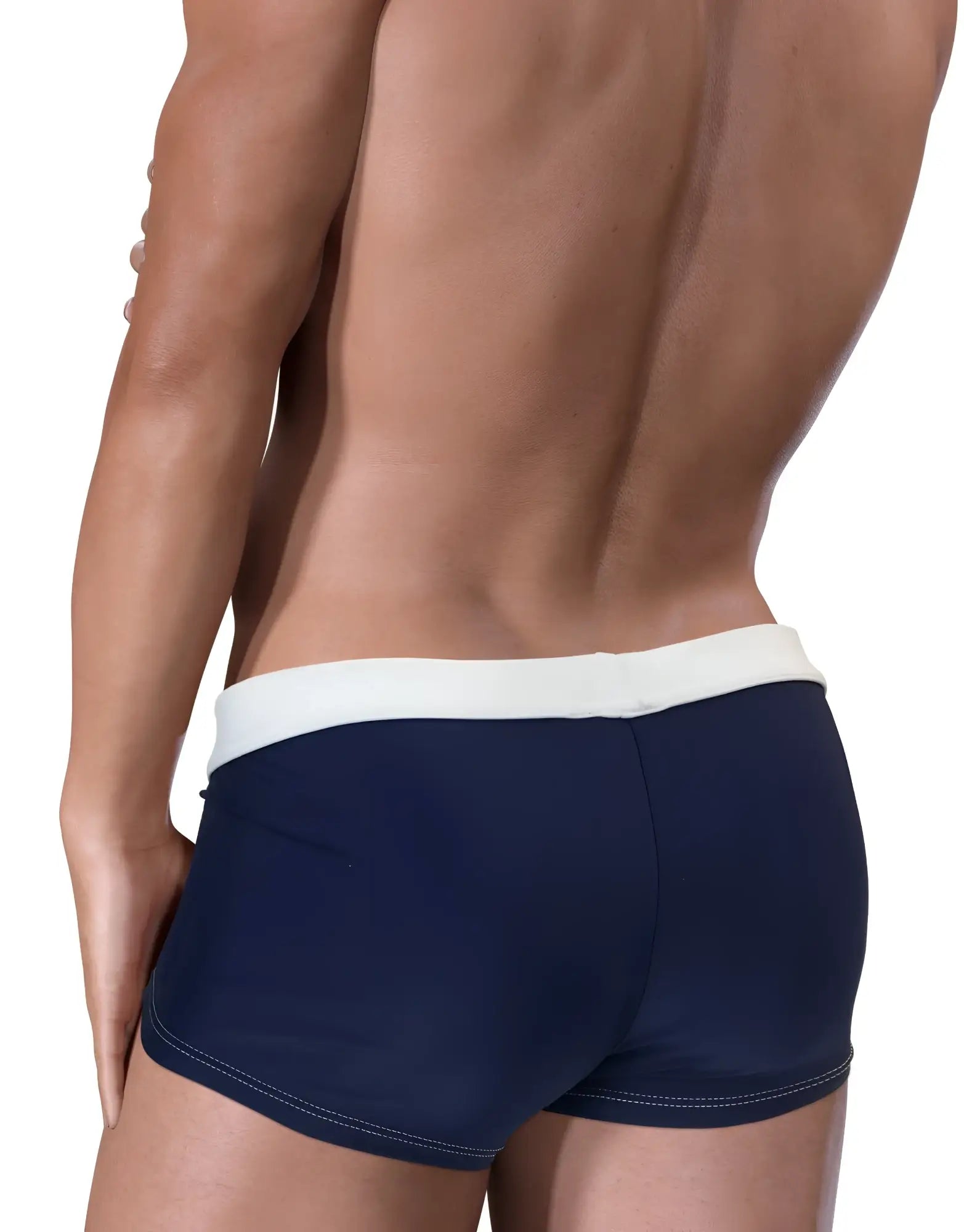 Navy blue moby big boy pouch swim square cut trunks with white waistband and contrasting stitching for swimwear