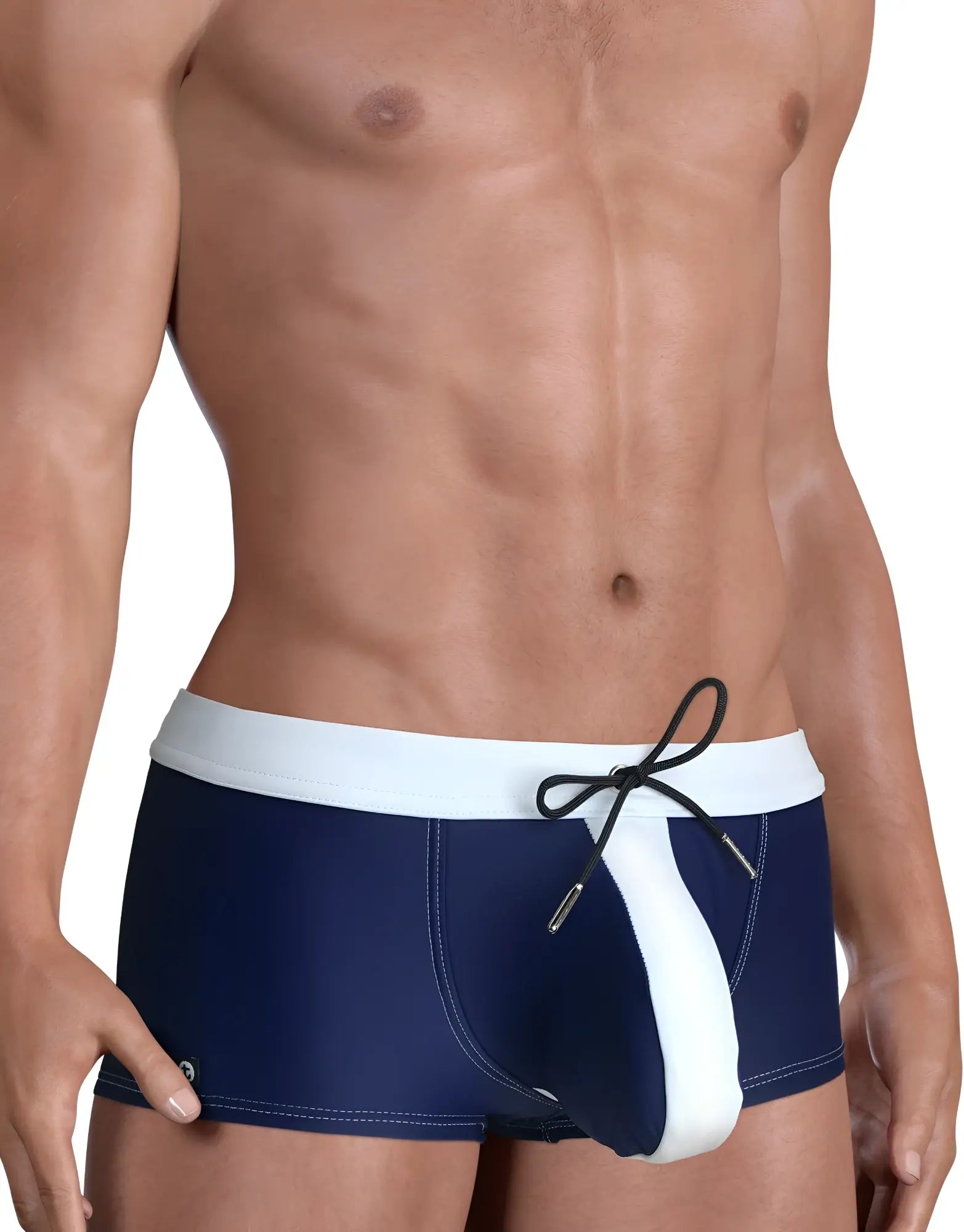 Navy blue and white moby big boy pouch swim square cut trunks with drawstring waistband designed for swimming