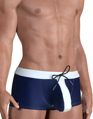 Navy blue and white moby big boy pouch swim square cut trunks with drawstring waistband designed for swimming
