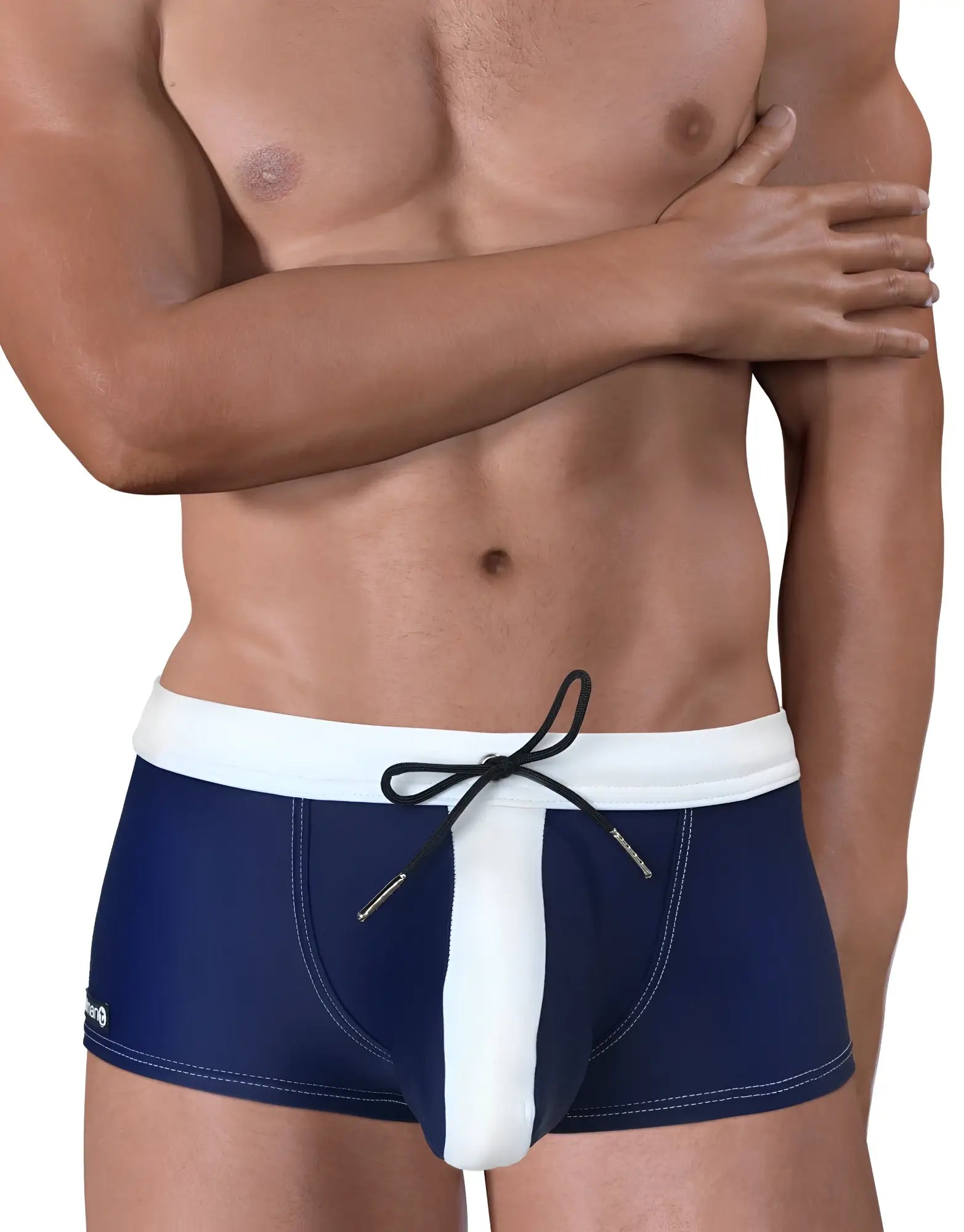 Navy blue and white moby big boy pouch swim square cut swim trunks with drawstring waistband for beachwear