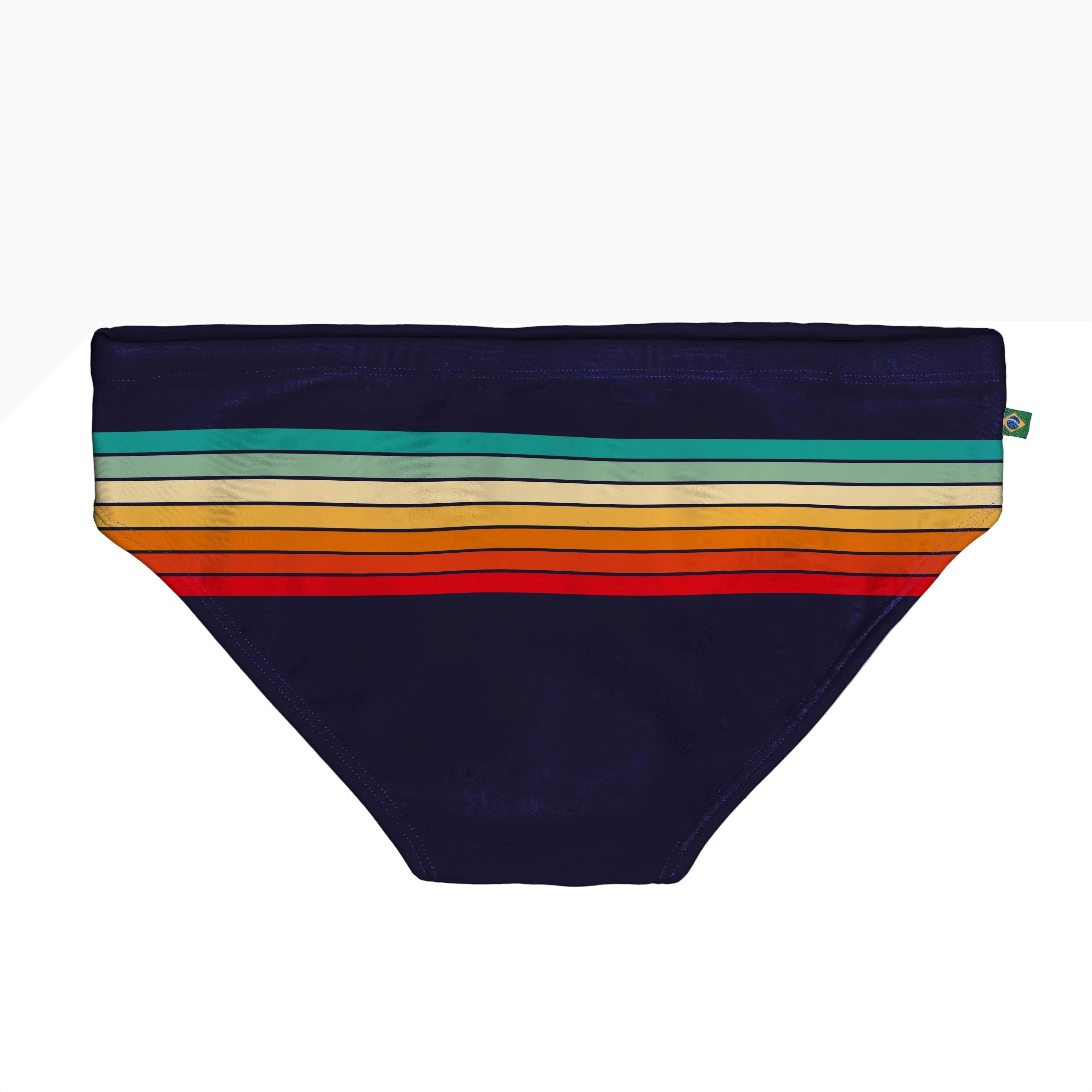 Men's navy blue swim brief with horizontal stripes in teal cream orange and red small Brazilian flag tag by CA-RIO-CA Sunga Co