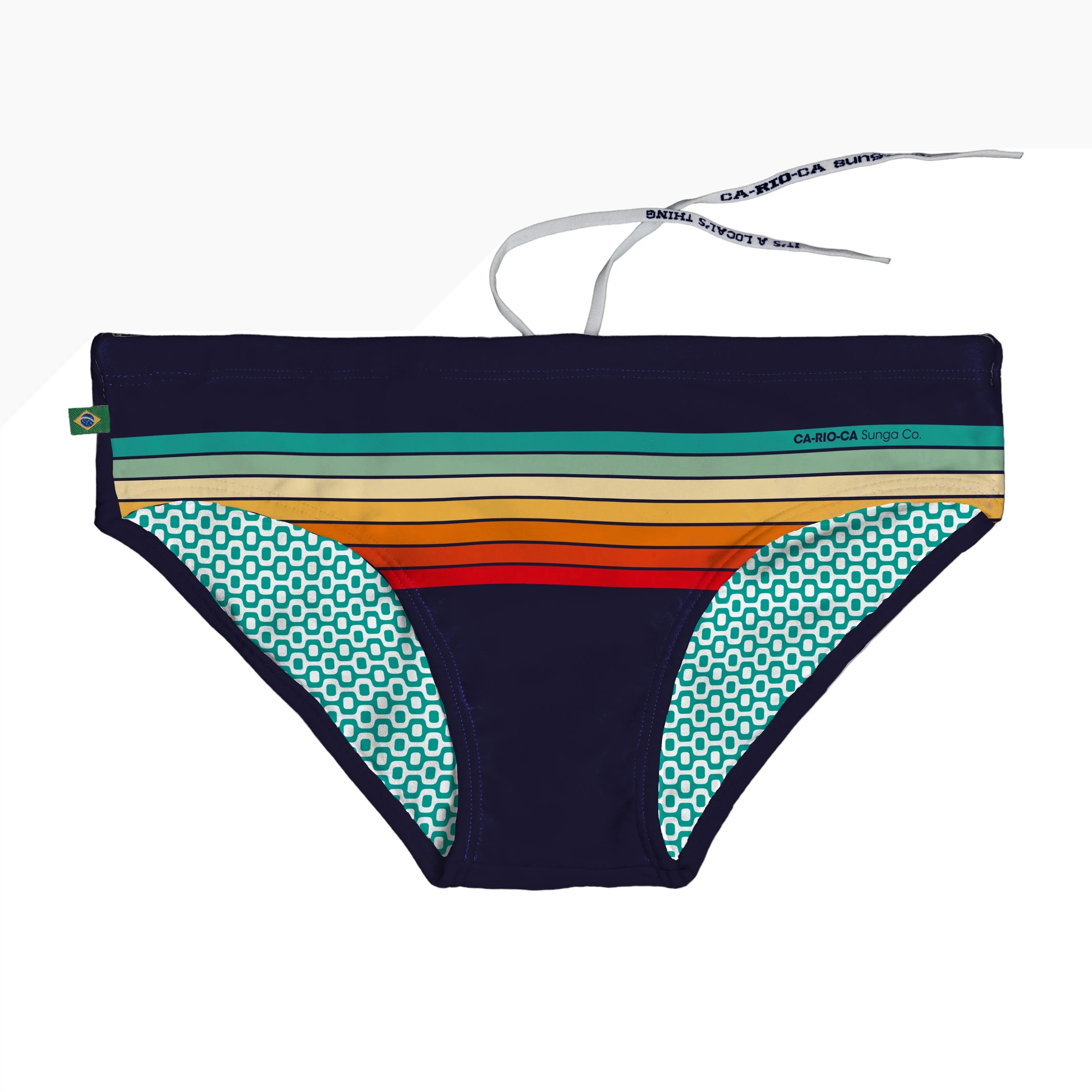 Men's swim brief in navy with horizontal stripes in green yellow orange and red geometric teal pattern inside CA-RIO-CA Sunga Co branding