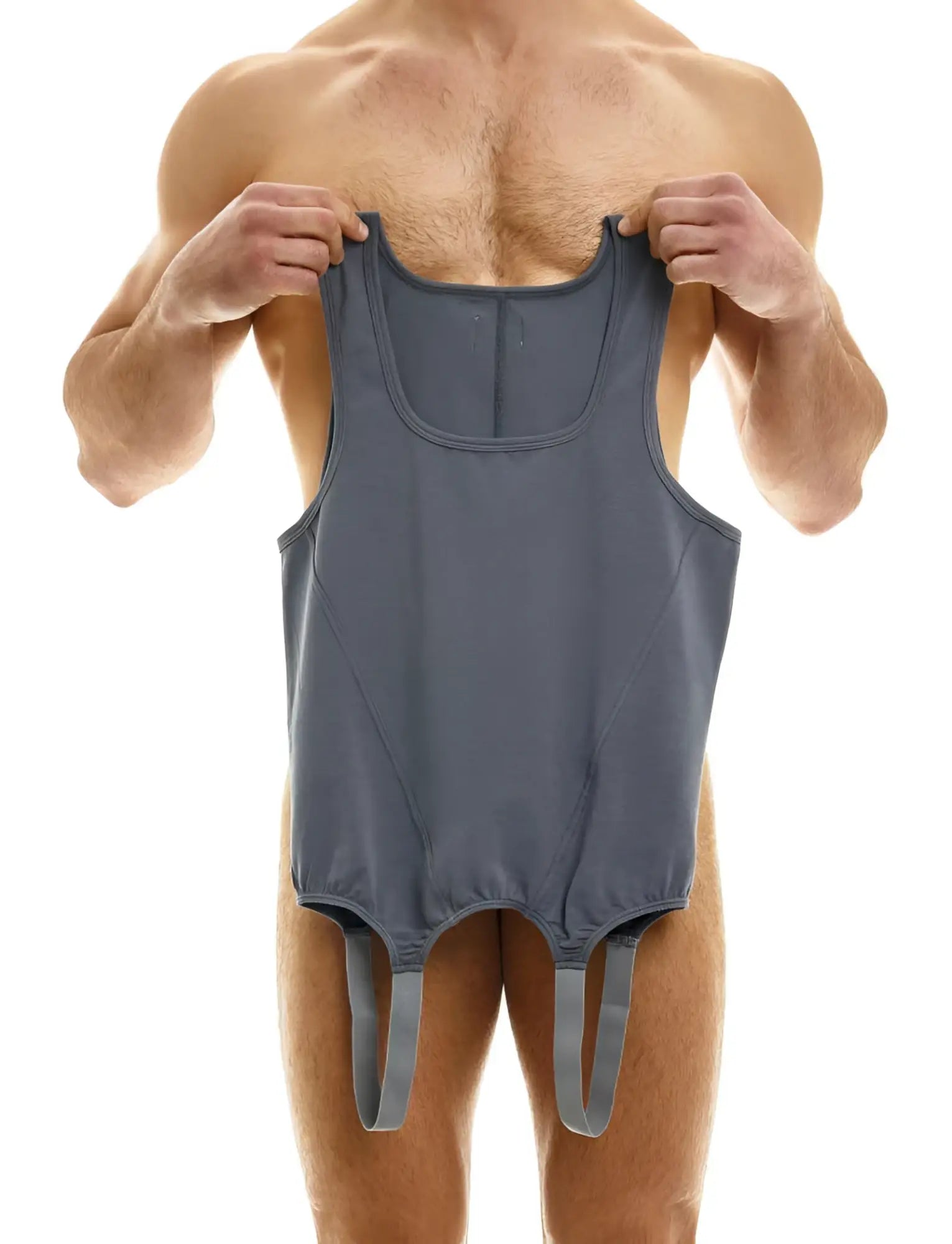 Gray modus vivendi glory hole onesie bodysuit size s with adjustable straps and fitted supportive athletic tank top design