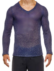Modus Vivendi Knight v neck long sleeved t shirt in navy blue with textured mesh knit and subtle shimmering threads size s