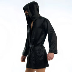Black satin robe with hood and drawstring belt for loungewear by Modus Vivendi size L shown from back side