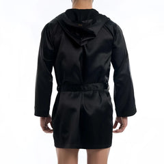 Black satin short robe loungewear with hood and belt by Modus Vivendi size L shown from the back side