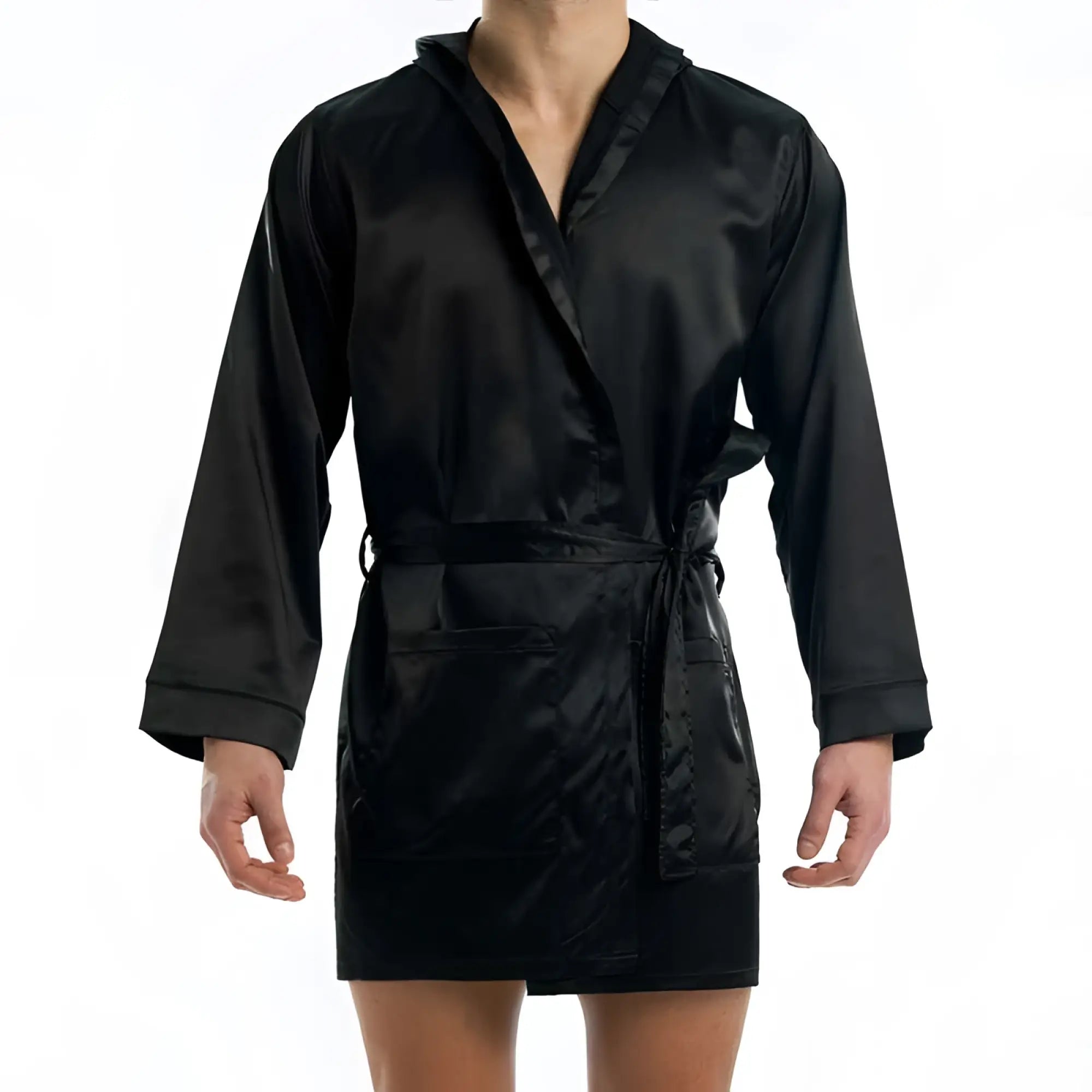 Black satin robe with hood long sleeves and tie belt from modus vivendi satin short robe loungewear size l