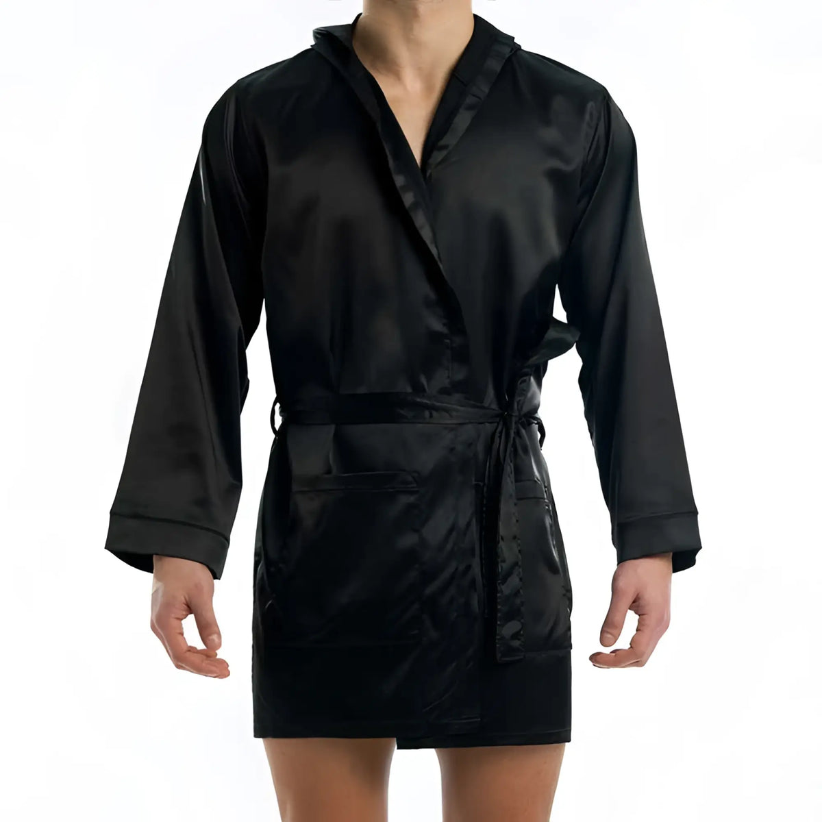 Black satin robe with hood long sleeves and tie belt from modus vivendi satin short robe loungewear size l