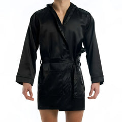 Black satin robe with hood long sleeves and tie belt from modus vivendi satin short robe loungewear size l