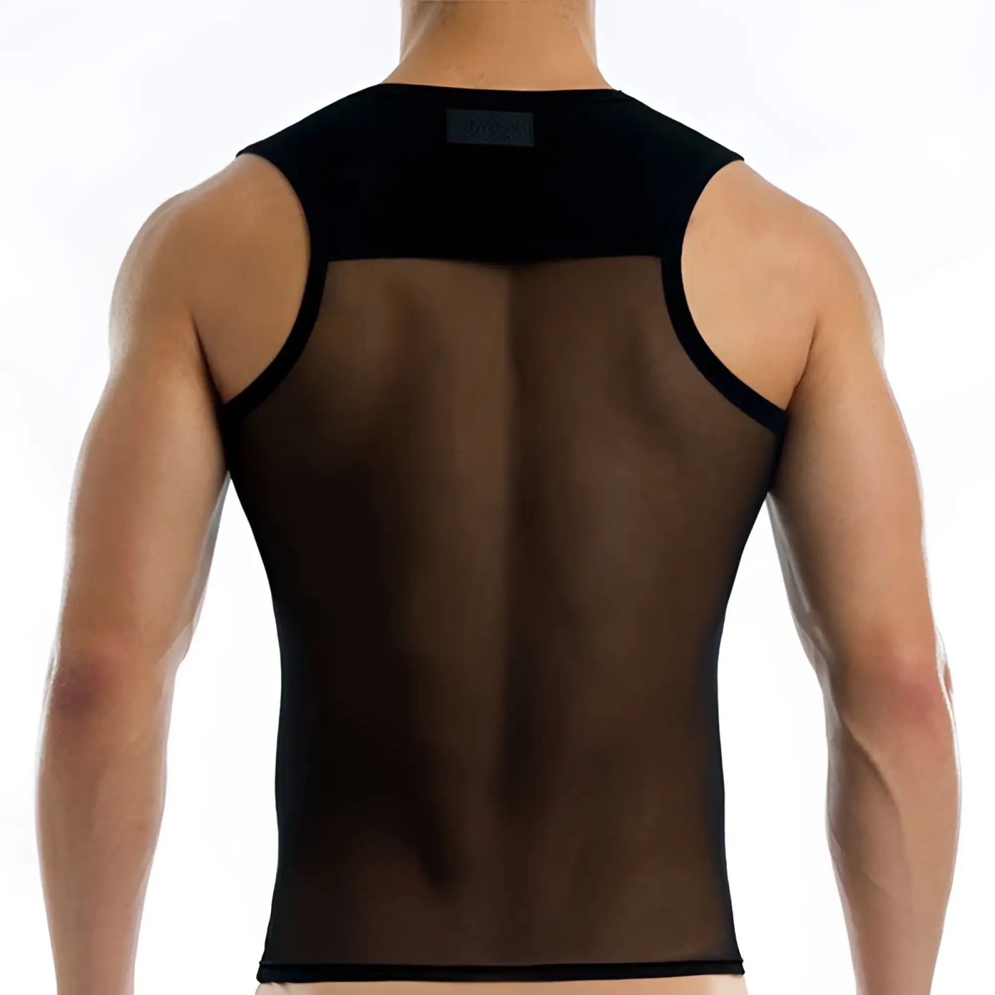 Black sheer mesh tank top with black trim and brand label at neckline modus vivendi transparent tank top xl