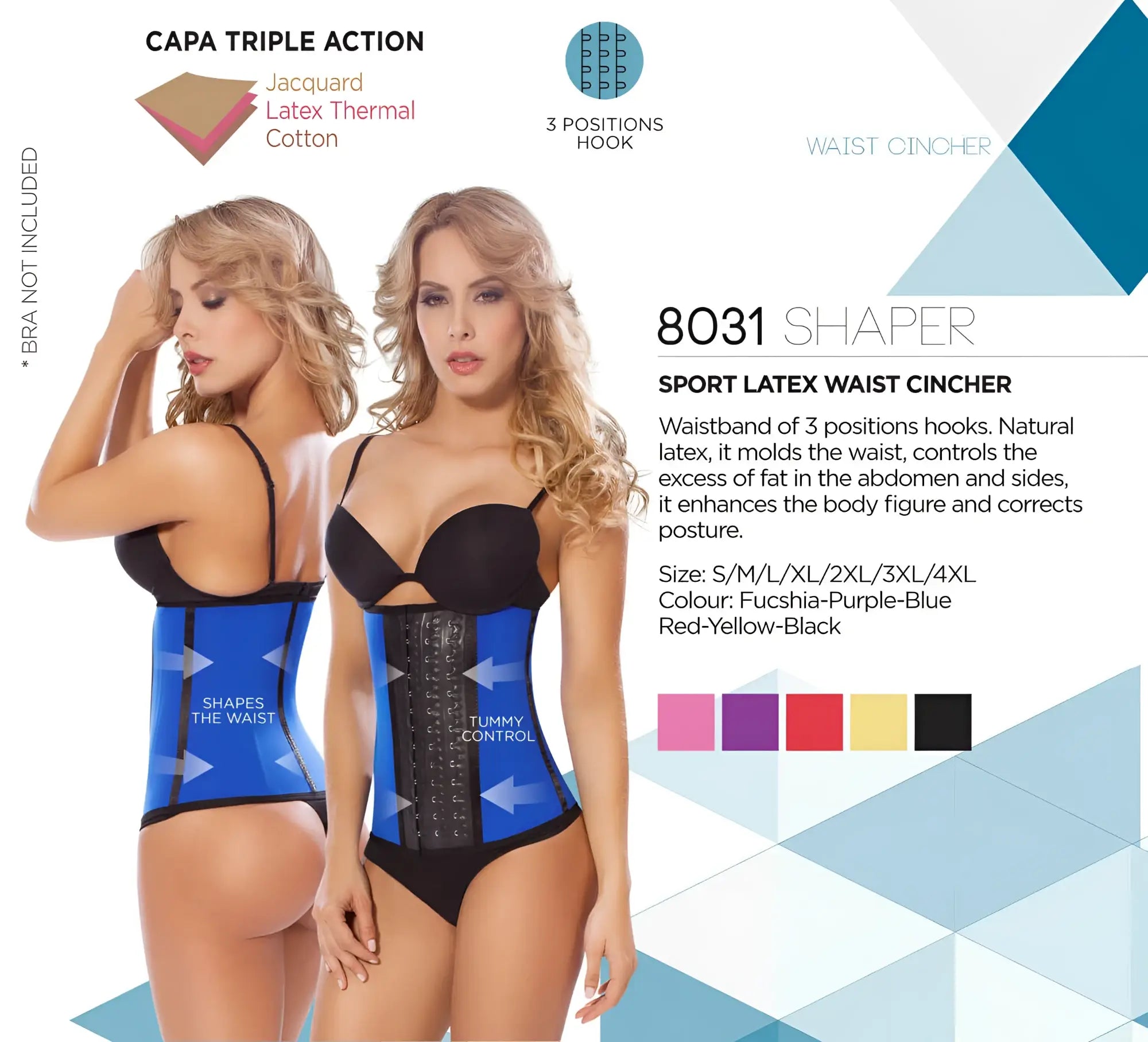 Blue sport latex waist cincher moldeate 8031 with black central panel and adjustable hooks for workout use