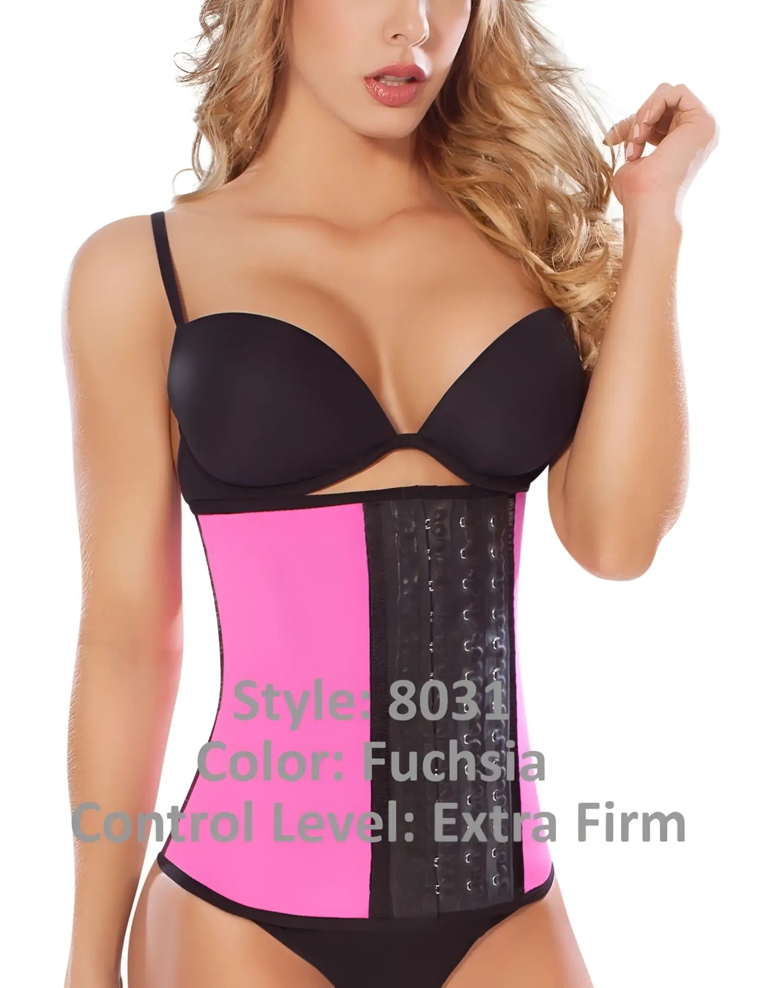 Fuchsia and black extra firm workout waist cincher moldeate 8031 with adjustable lacing and firm compression