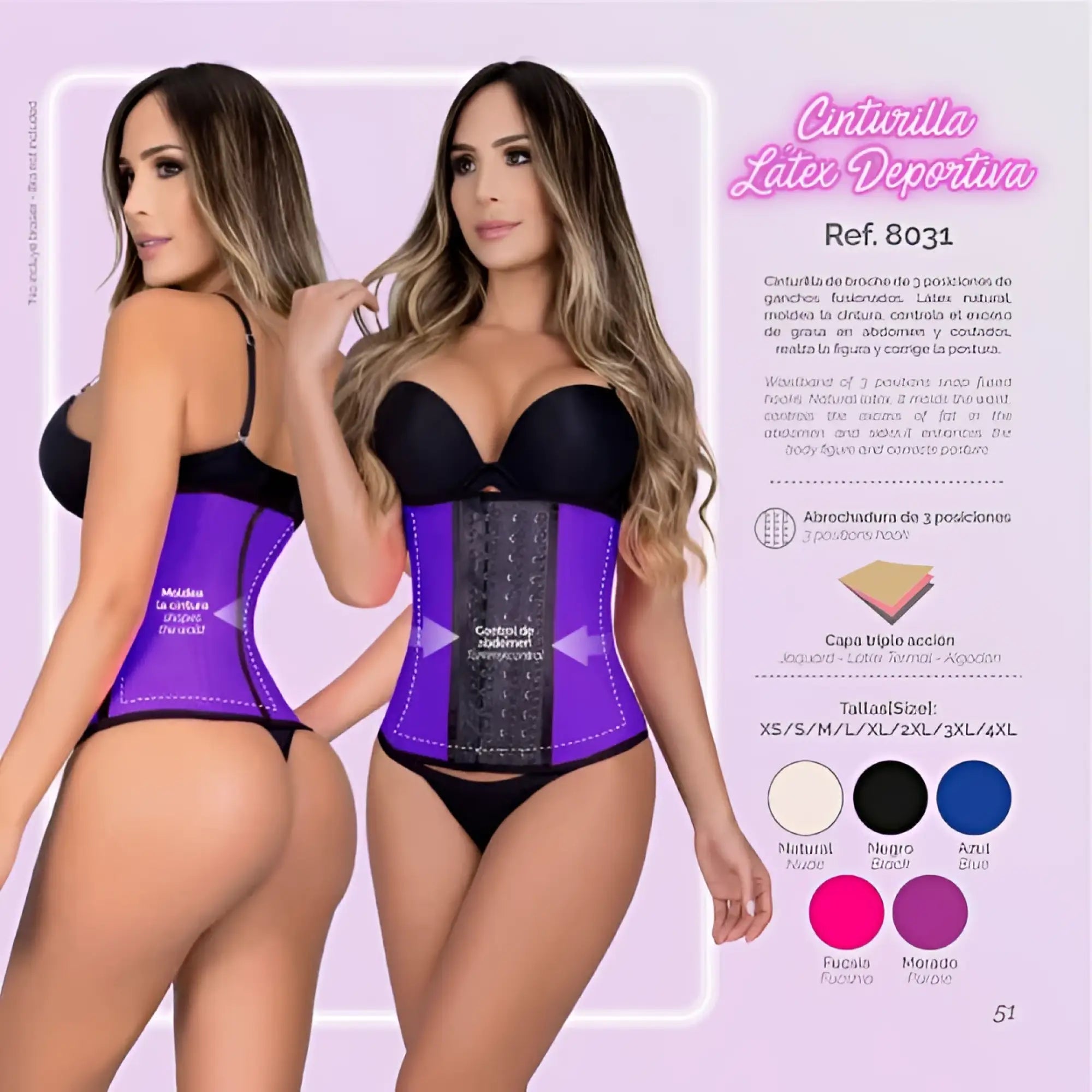 Moldeate 8031 workout waist cincher in fuchsia purple latex with black adjustable straps and three fusion hooks panel
