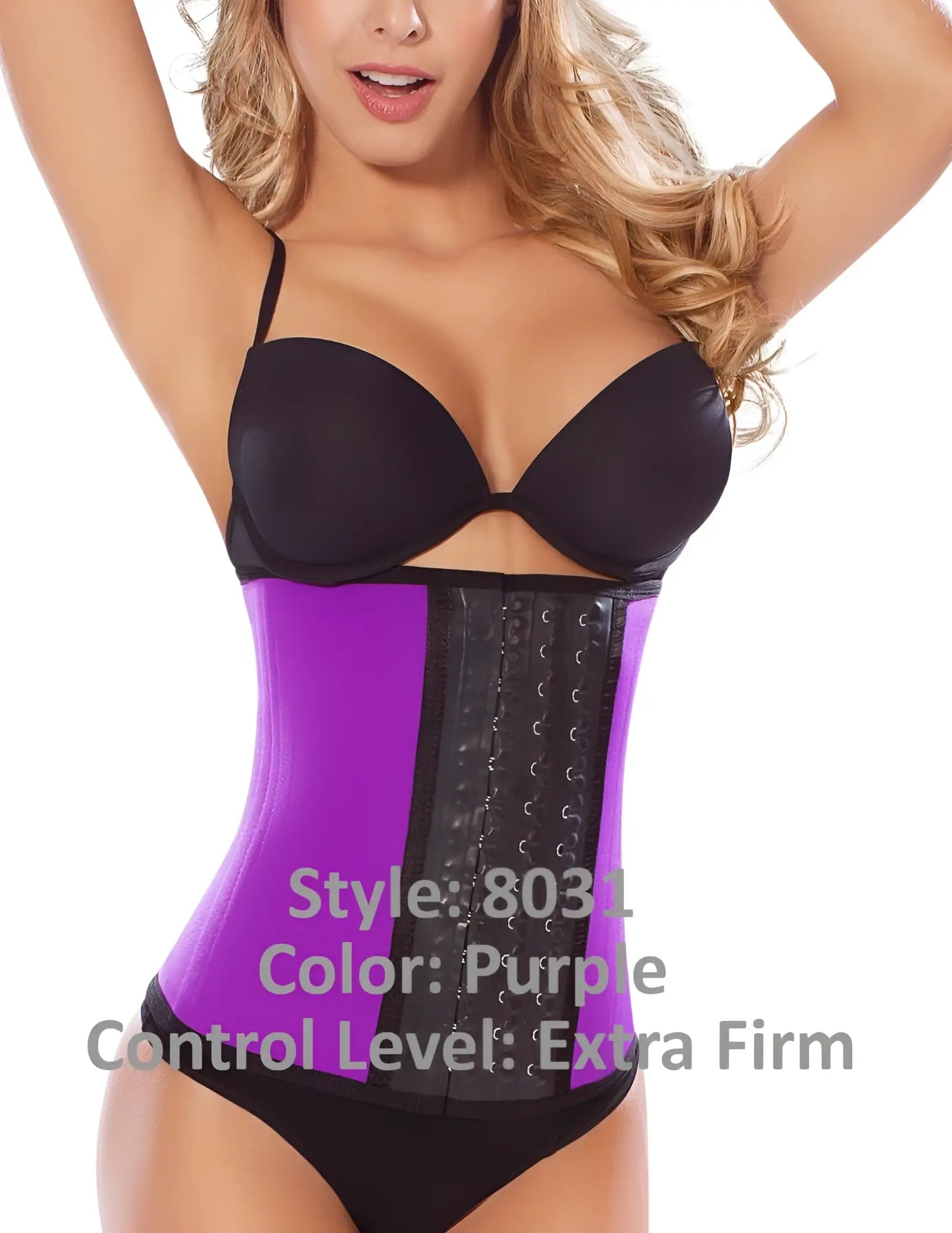 Purple and black moldeate 8031 extra firm waist trainer with central adjustable hooks for workout waist cinching