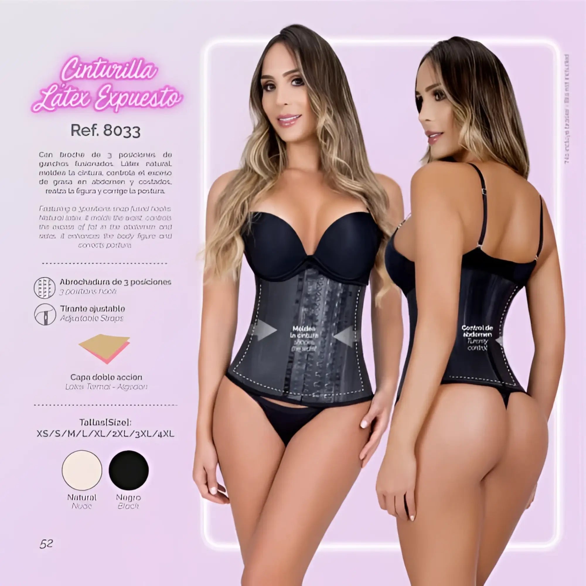 Black latex workout waist cincher moldeate 8033 with adjustable straps and three-position boning for shaping