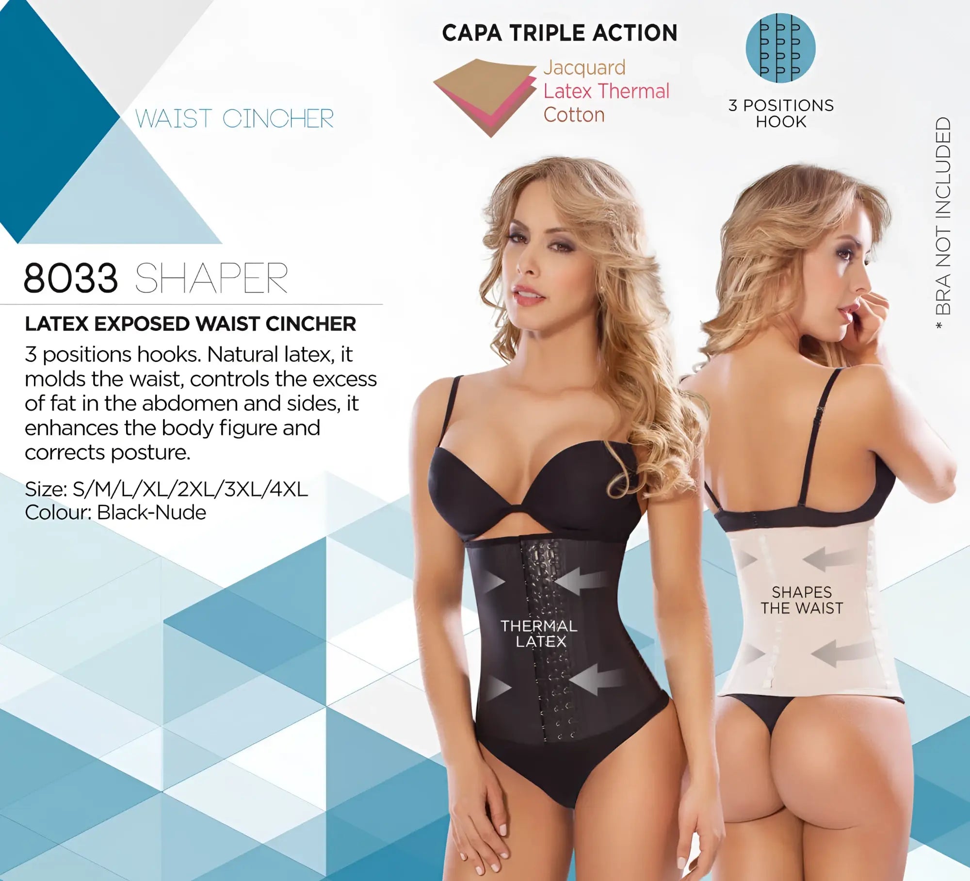 Black and nude latex workout waist cincher moldeate 8033 with thermal latex jacquard cotton lining and three-position hooks