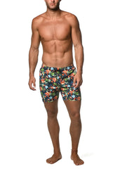 Moritz 6 inch inseam swim short in vibrant orange blue and green tropical floral print on dark navy base