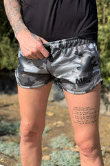 Gray and black camouflage mr riegillio mr mini shorts with subtle sheen and mr logo on lower right leg size m