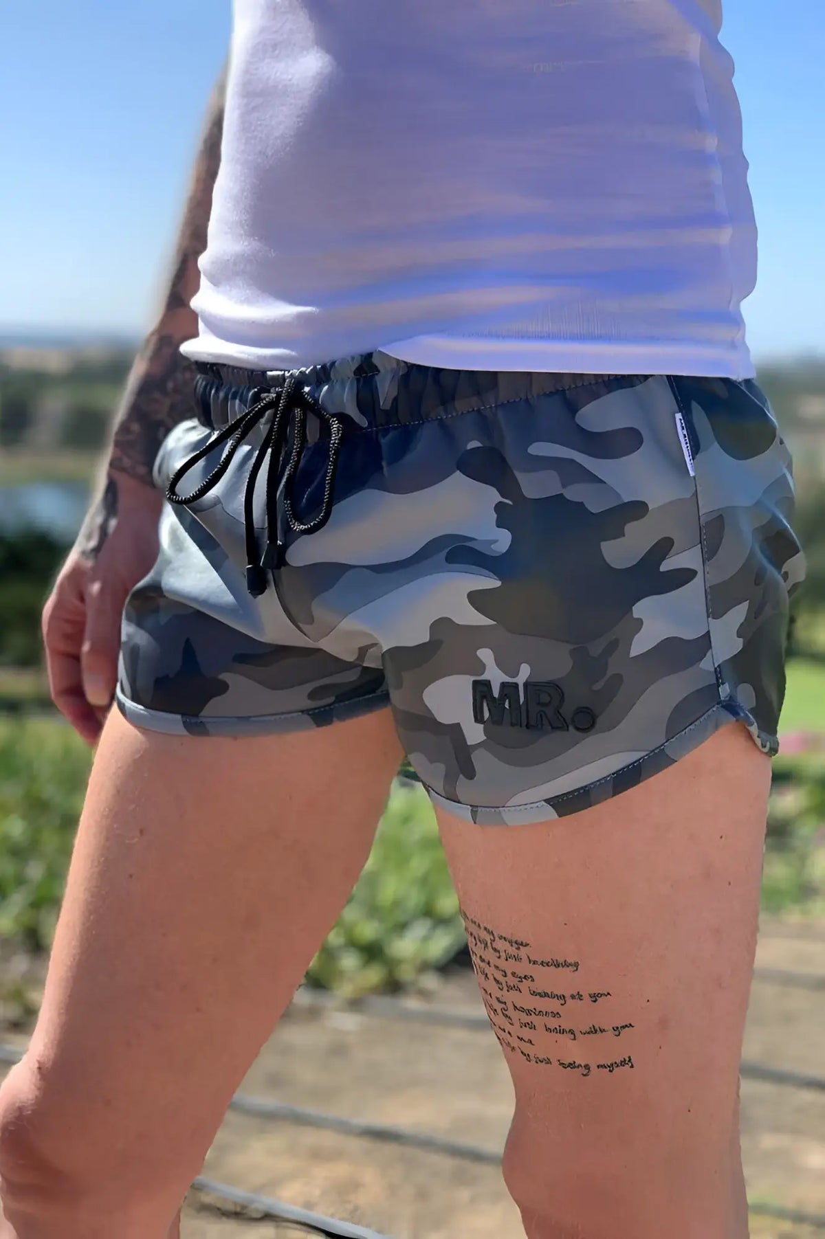 Gray and black camouflage drawstring shorts mr riegillio mr mini shorts camo 408830 size m front view