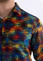 Multicolor patterned l s shirt featuring a vibrant iridescent kaleidoscopic design in blues reds oranges and greens
