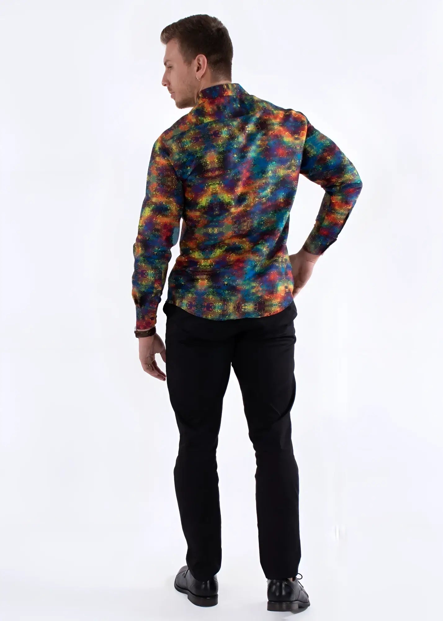 Vibrant multicolor patterned long sleeved button up shirt with psychedelic kaleidoscopic rainbow design