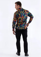 Vibrant multicolor patterned long sleeved button up shirt with psychedelic kaleidoscopic rainbow design