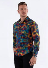 Vibrant multicolor patterned long-sleeved men’s button-down shirt with psychedelic tie-dye in blues reds yellows and greens