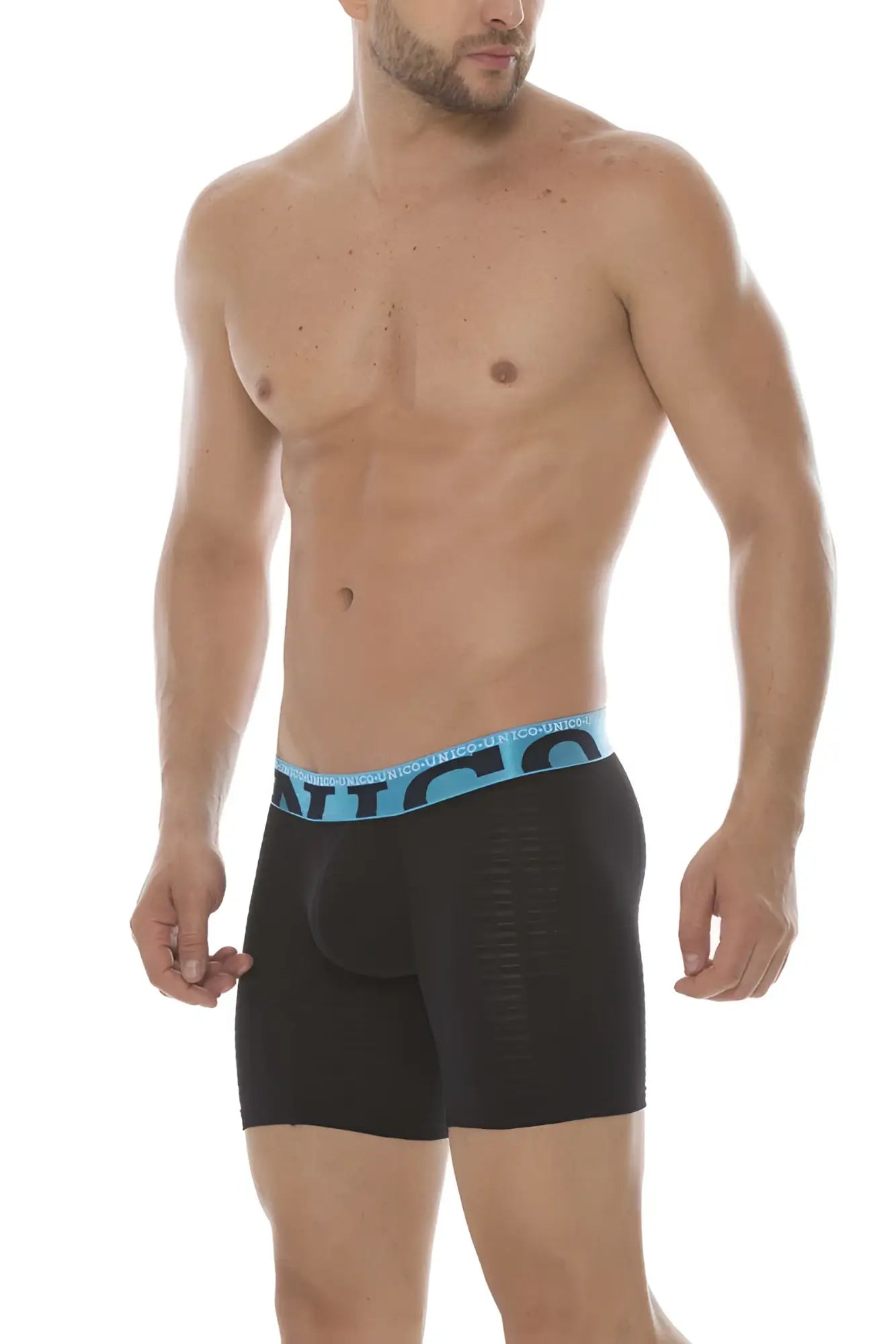 Black mundo unico cup alboroto mid boxer briefs with light blue elastic waistband and nico brand name size m