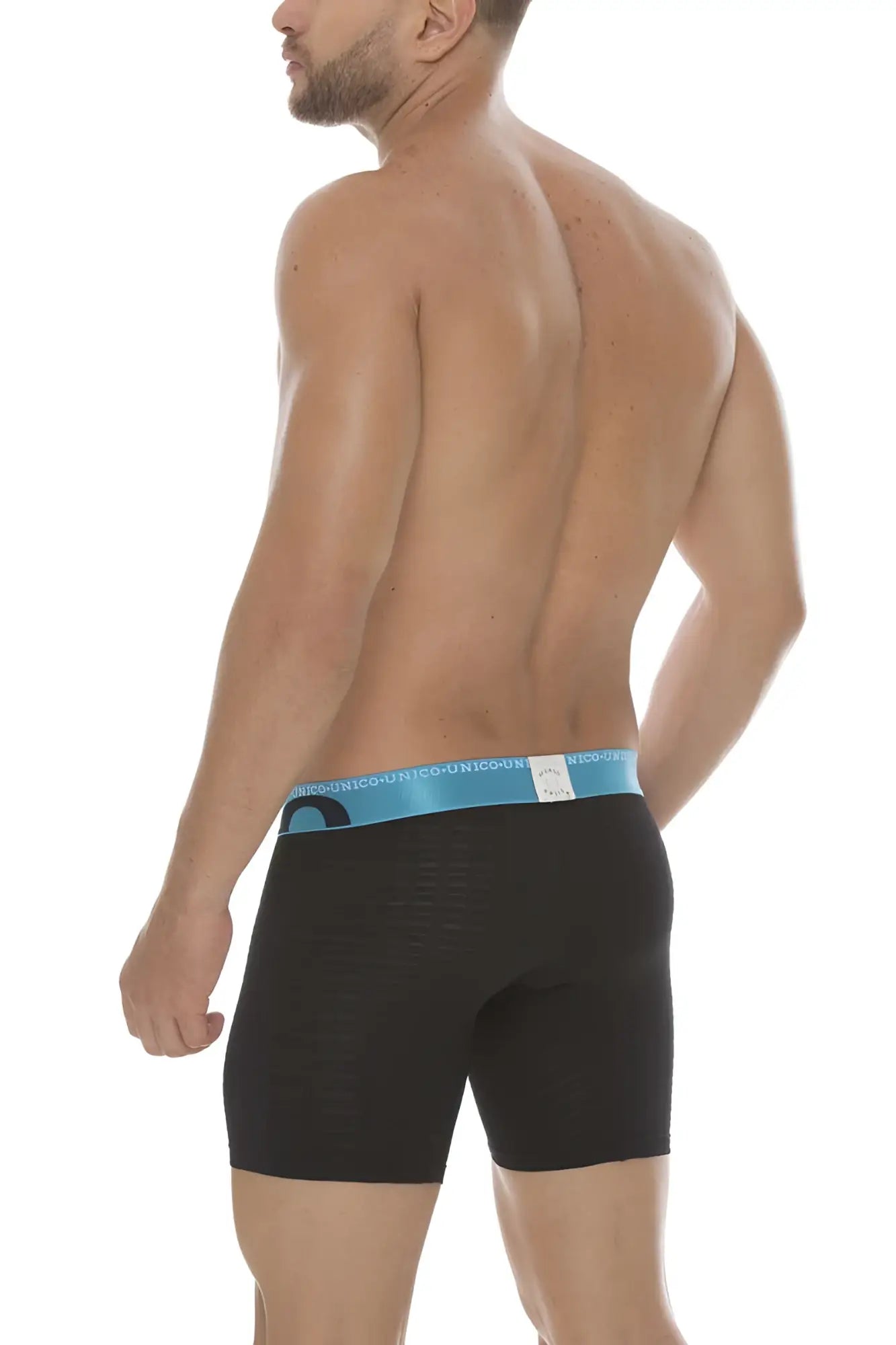 Black mundo unico cup alboroto mid boxer briefs with light blue elastic waistband and brand logo size m