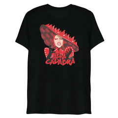 Black short-sleeved t-shirt featuring a vibrant red graphic of drag queen Farra Calabra in a wide-brimmed hat and polka dots