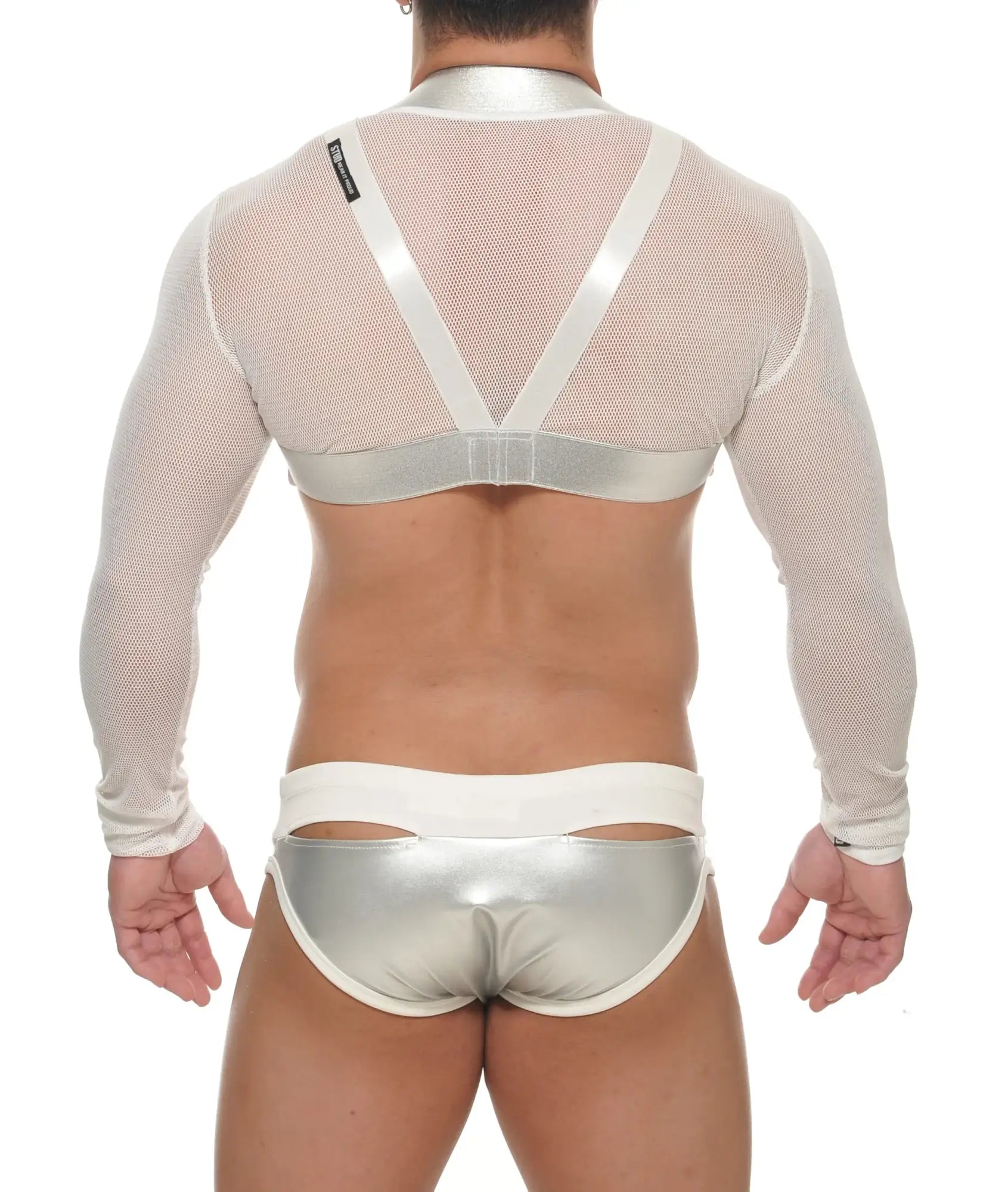 Silver metallic mesh long-sleeve crop top with white satin straps and matching silver briefs from NAJAR 2 in 1 harness