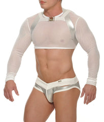 White mesh long-sleeved crop top with silver metallic shoulder straps and buckle from NAJAR 2 in 1 crop top harness