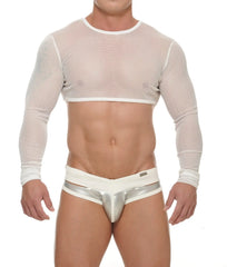 White mesh long-sleeved crop top with silver metallic briefs from NAJAR 2 in 1 crop top harness collection