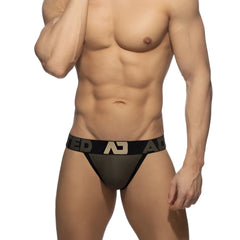 Naked feeling bikini brief black mesh with bold black waistband and metallic gold ad logo for comfortable fit