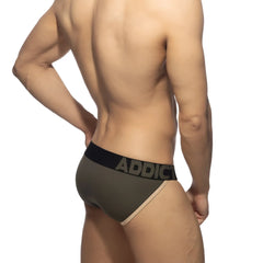 Olive green naked feeling bikini brief with black waistband and bold gray addict lettering for everyday wear