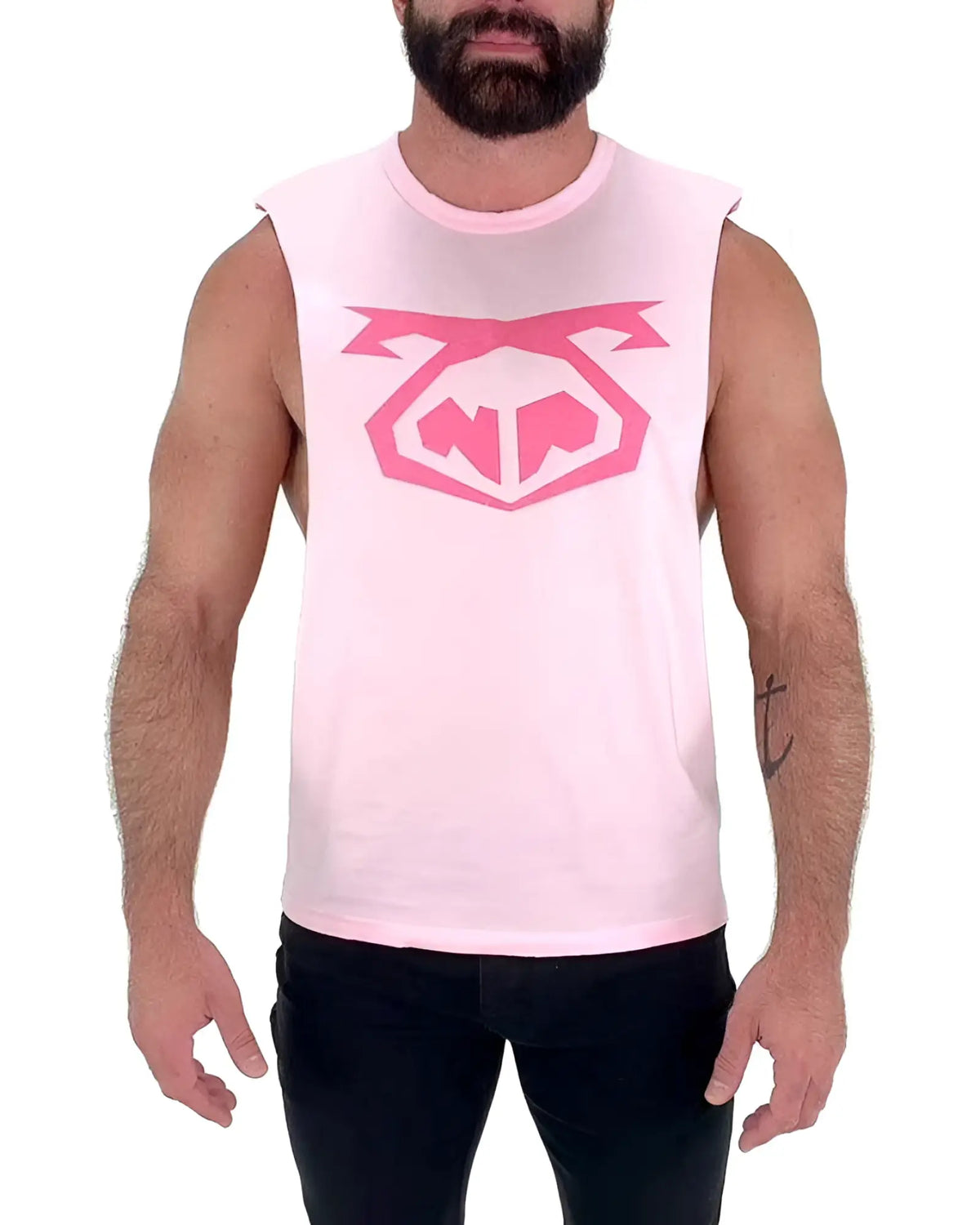 Pink sleeveless muscle tank top with bold geometric pink logo on chest nasty pig snout shredder size l