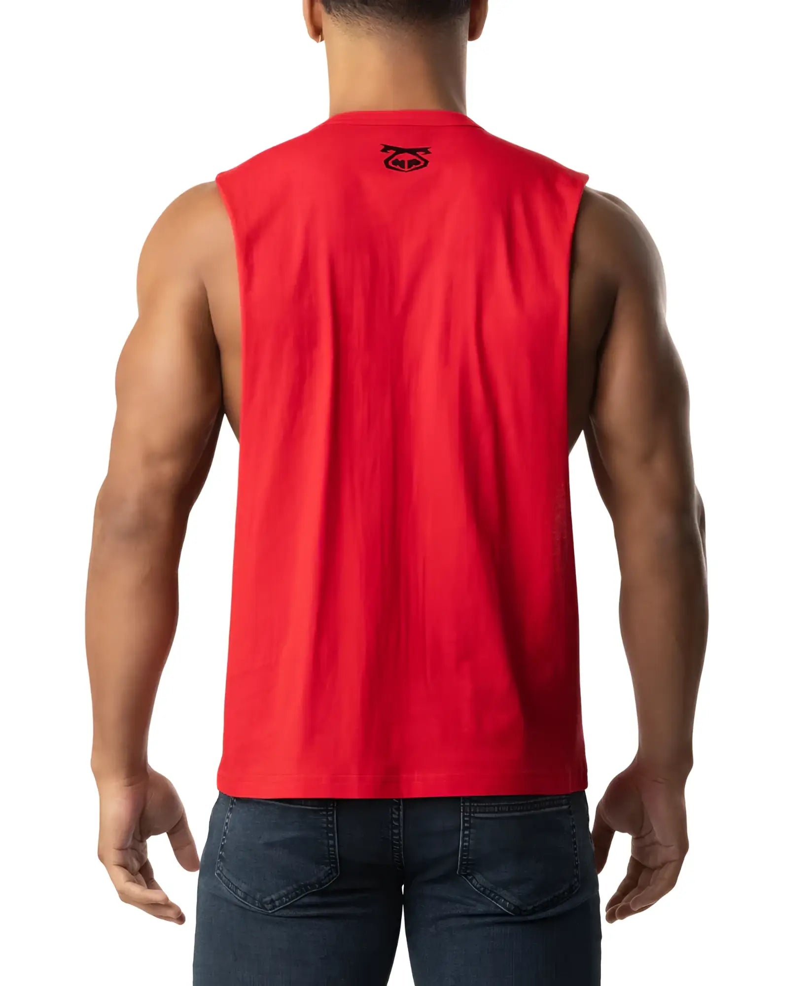 Red sleeveless muscle tank top nasty shredder tank top with small black logo at the neckline in lightweight fabric