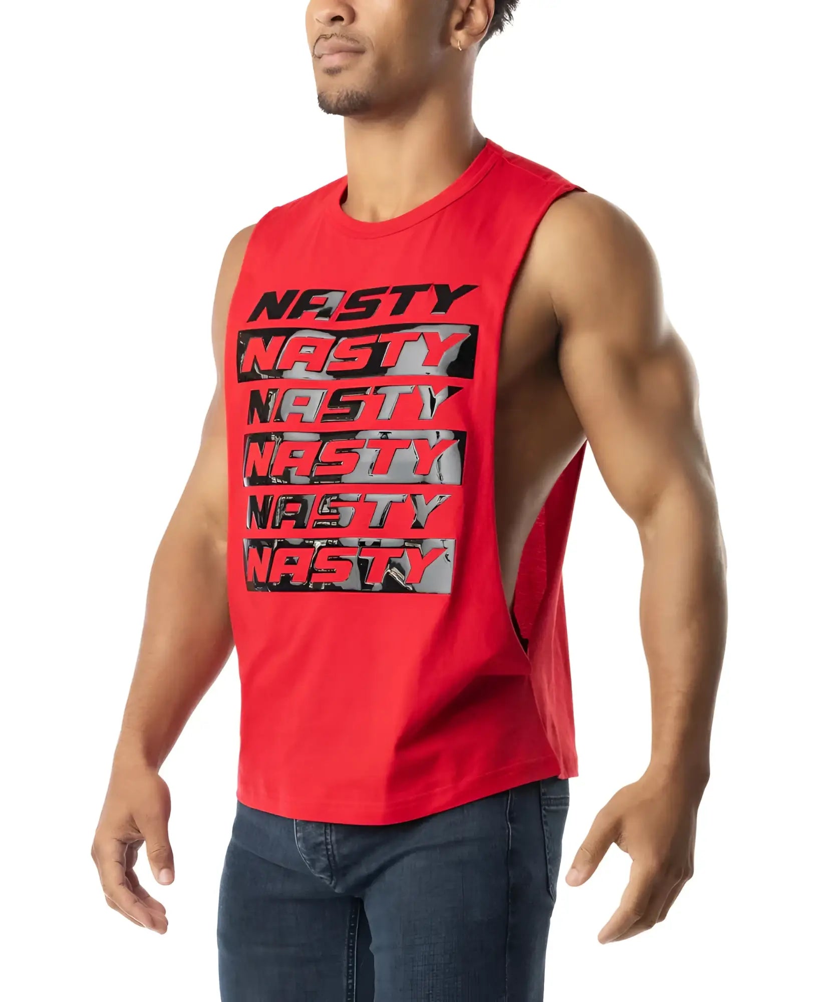 Red sleeveless muscle tank top with bold black and gray nasty text across the chest for intense workouts