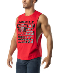 Red sleeveless muscle tank top with bold black and gray nasty text across the chest for intense workouts