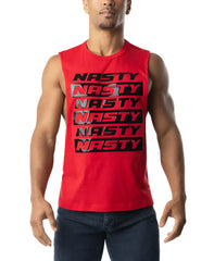 Red sleeveless muscle tank top with bold black nasty text in stacked rows across the chest for shredding workouts