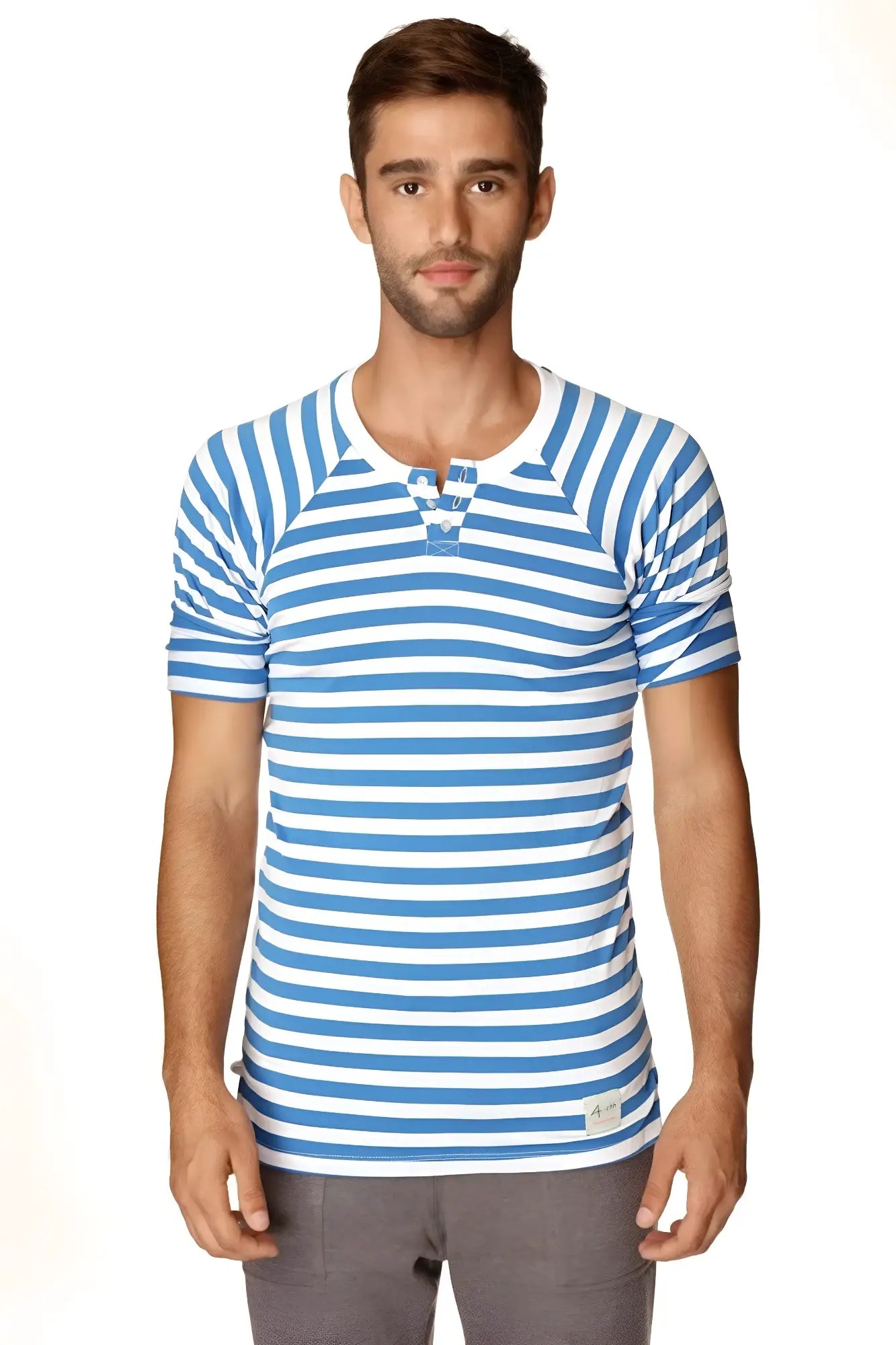 Blue and white striped short-sleeved henley tee with buttoned placket nautical raglan resort style