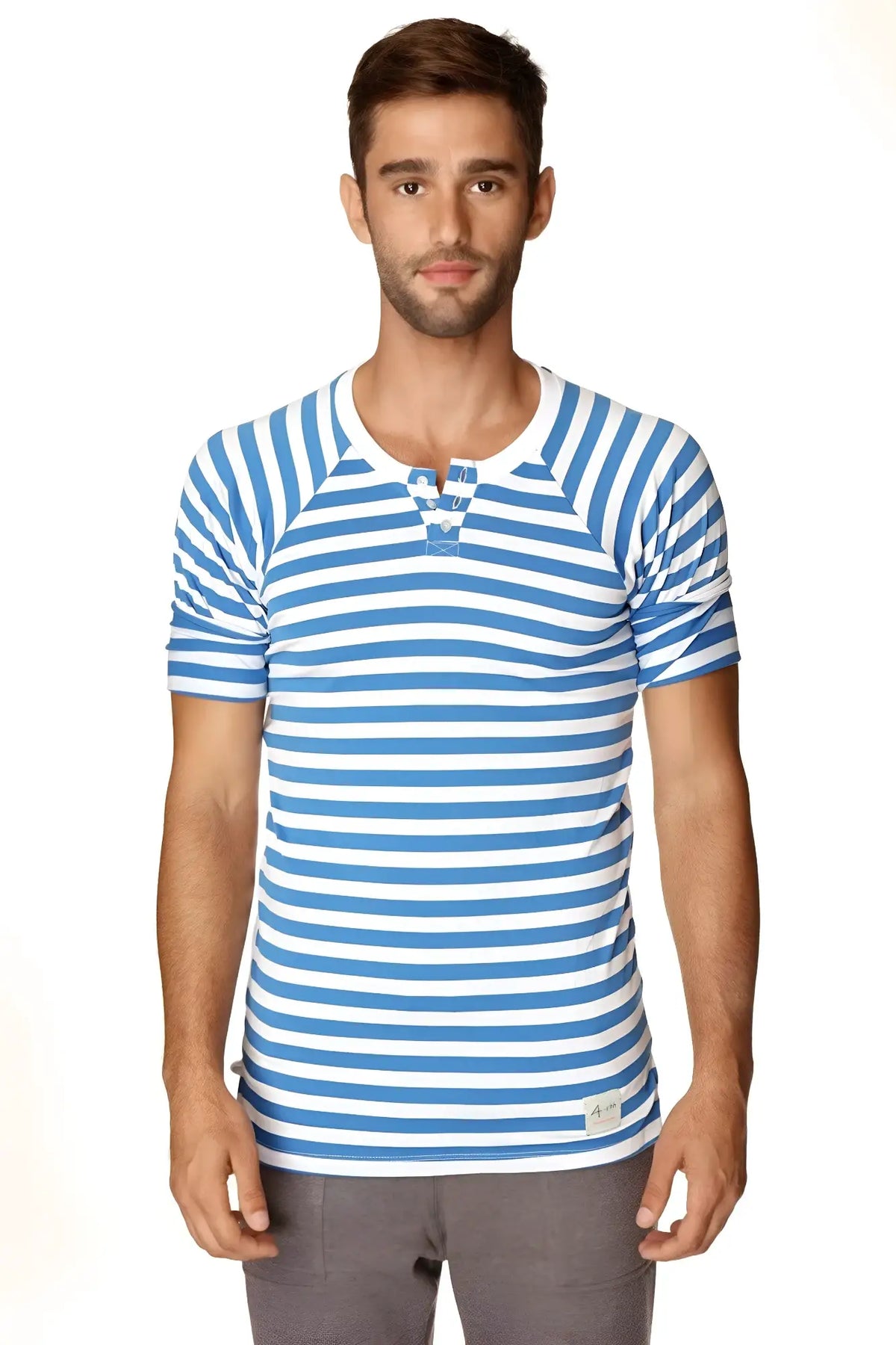 Blue and white striped short-sleeved henley tee with buttoned placket nautical raglan resort style