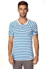 Blue and white striped short-sleeved henley tee with buttoned placket nautical raglan resort style