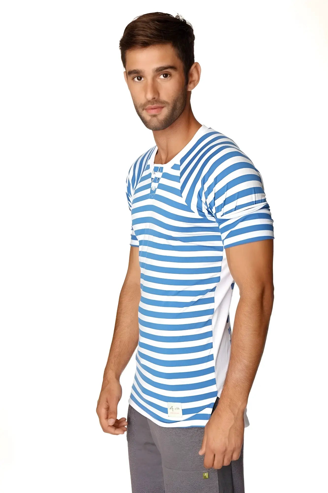 Blue and white striped short-sleeved henley tee with buttoned placket ideal for nautical and resort wear