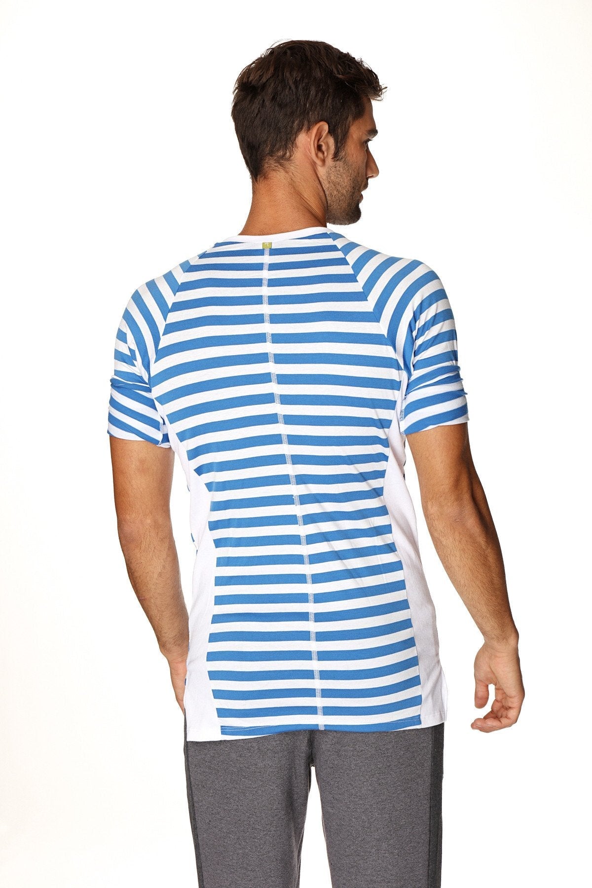 Back view of nautical raglan resort henley tee blue and white stripe short sleeved athletic shirt with zipper