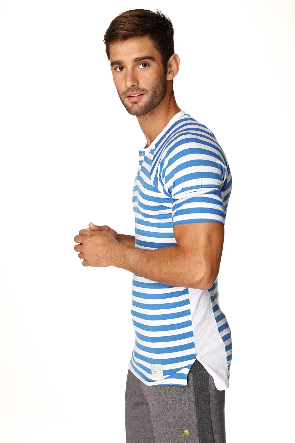 Blue and white stripe short-sleeved henley shirt with side slit detail from nautical raglan resort collection